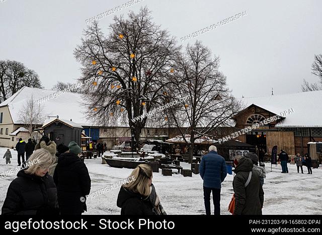 03 December 2023, Lower Saxony, Bad Harzburg: Visitors walk through the Advent market at the thoroughbred stud farm. Over 70 craftspeople exhibit their art at...