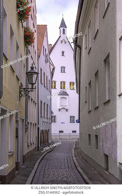 Augsburg, Bavaria, Germany - View through the narrow lane of Schleifergässchen to the monastery of the Franciscan nuns of the Star of Mary
