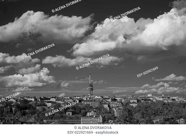 Prague skyline with Zizkov Television Transmitter Tower, Czech Republic