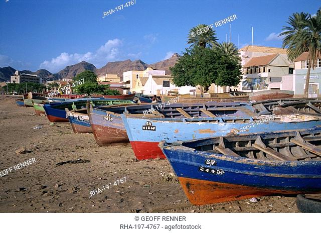 Fishing boats at Praia do Bote in the town of Mindelo, on Sao Vicente Island, Cape Verde Islands, Atlantic, Africa