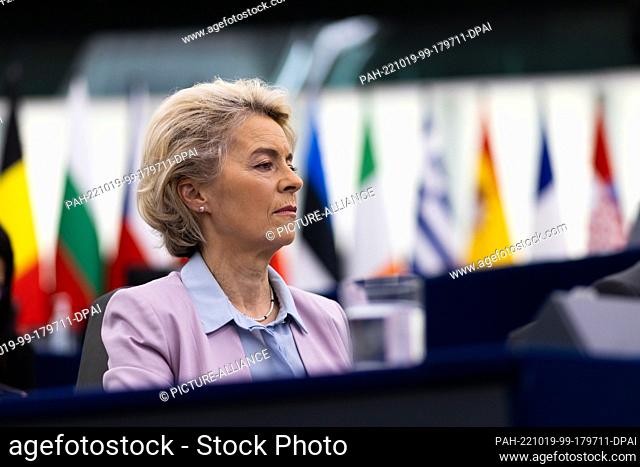 19 October 2022, France, Straßburg: Ursula von der Leyen (CDU, EPP Group), President of the European Commission, sits in the European Parliament building