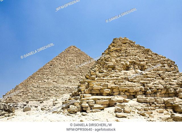 Pyramid of Menkaure and three small Pyramids of Queens, Cairo, Egypt