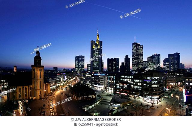 Business district and Katharinen church at night, Frankfurt, Hesse, Germany