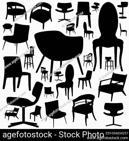 Black silhouette collections of chairs under different angles on a red background. 3d rendering