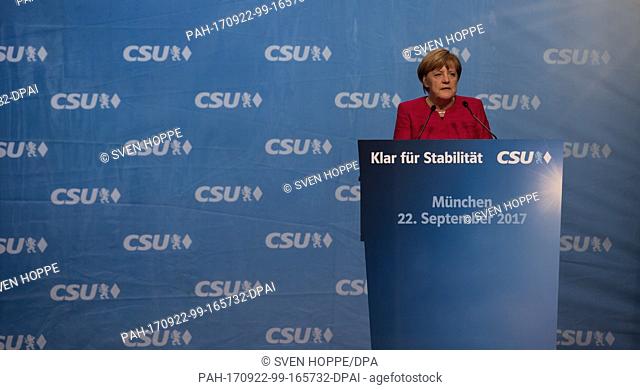 German Chancellor Angela Merkel (CDU) speaks on stage at a campaign event of the Christian Social Union in Bavaria (CSU)/Christian Democratic Union of Germany...