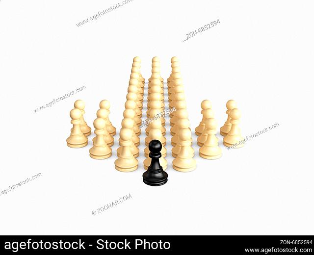 Straight direction arrow from chess pieces and black pawn as the leadership of others, isolated on white background