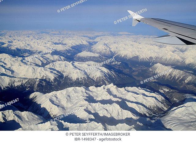 Aerial picture of Oetztal Alps, middle Oetztal Valley with Umhausen in the centre, Inntal Valley with Imst and Landeck on the right, Tyrol, Austria, Europe