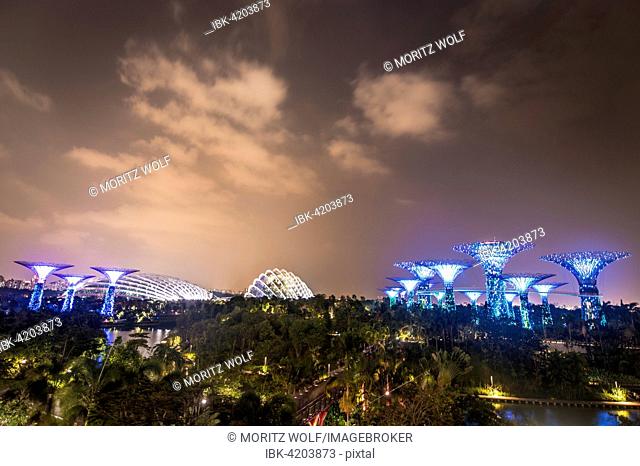 Illuminated SuperTrees at night, Gardens by the Bay, Singapore