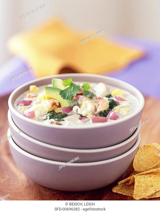 Crab Hominy Chowder in Stacked Bowls