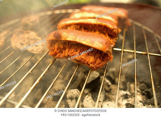Sausage, or chorizo, is grilled in Prado del Rey, Sierra de Cadiz, Cadiz province, Andalusia, Spain, May 23, 2010