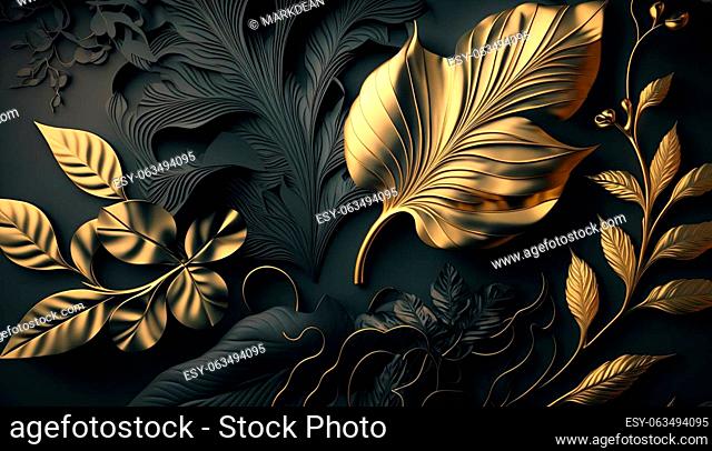 Tropical background with exclusive leaves. Plant composition. Subdued and dark colors. Gold accessories. Rainforest pattern illustration
