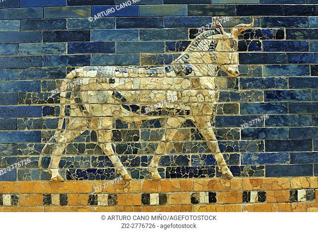 The Ishtar Gate from Babylon, 575 BC, at the Pergamon Museum. Detail of an aurochs. Berlin, Germany