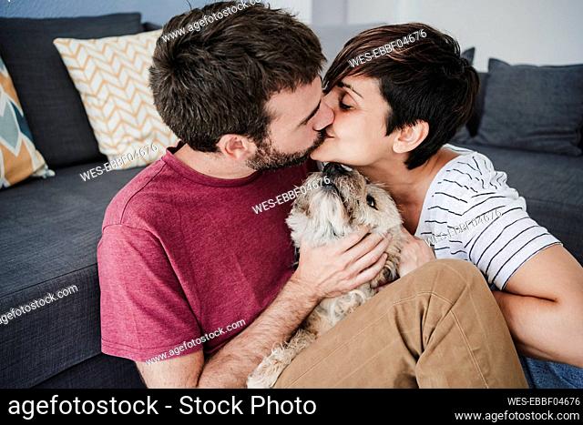 Affectionate couple kissing while sitting with mixed-breed dog at home