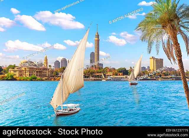 Feluccas in the Nile in front of the Tower of Cairo, Egypt
