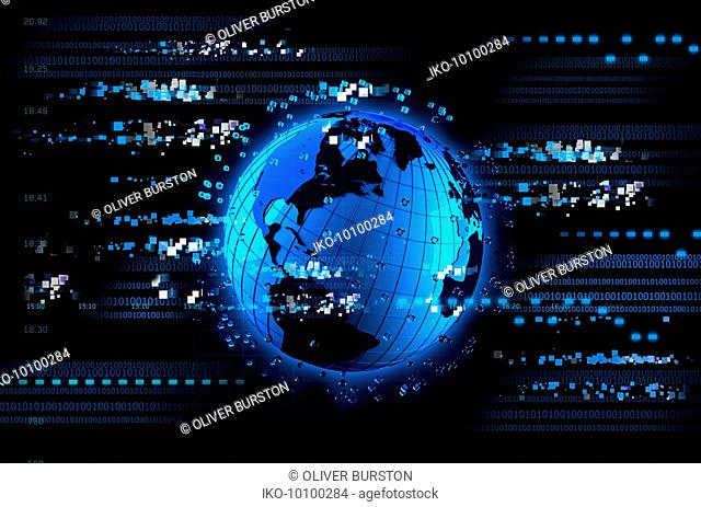 Bright blue futuristic globe with digital data and computer coding