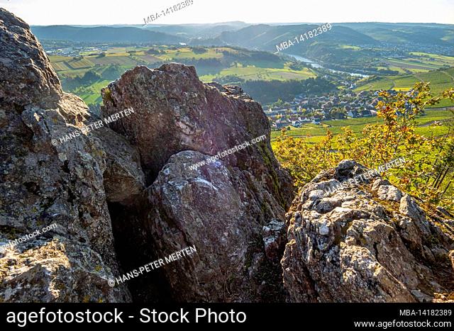 Bockstein rocks above the world-famous Ockfener Bockstein vineyards, Ockfen, Saarburger Land, Saartal, Saarburger Land, Rhineland-Palatinate, Germany