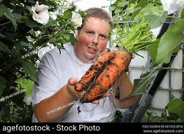 04 September 2020, Thuringia, Pößneck: Patrick Teichmann, giant vegetable grower shows a giant carrot in his allotment garden at the world record test for the...
