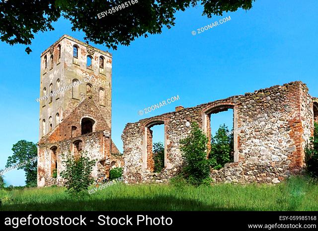 Stone Church in Yoneykishken. Ruins of the Prussian Church. Russia, Kaliningrad region, Slavsky district, village of Timiryazevo, June 12, 2020