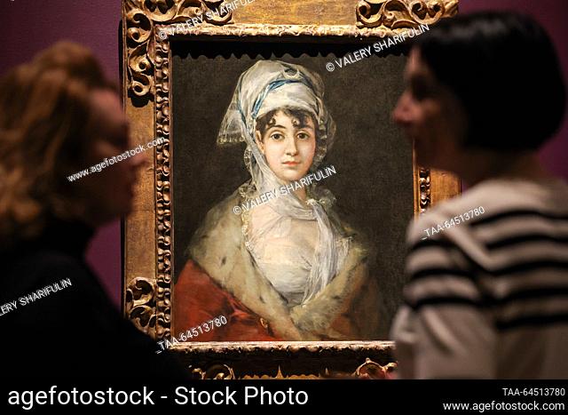 RUSSIA, MOSCOW - NOVEMBER 7, 2023: People are seen by Portrait of Dona Antonia Zarate (1810-1811) by Spanish artist Francisco Jose de Goya y Lucientes during a...