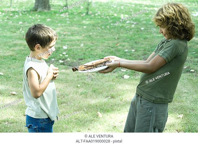 Boy handing friend plate of grilled meat