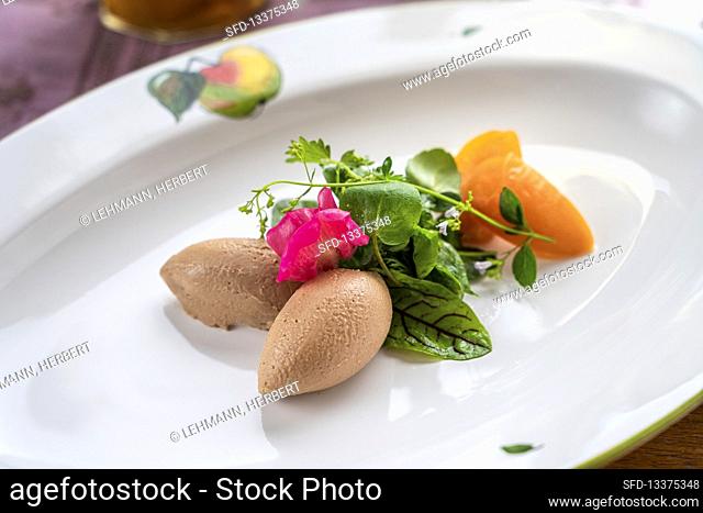 Liver mousse with colourful salad and apricot wedges