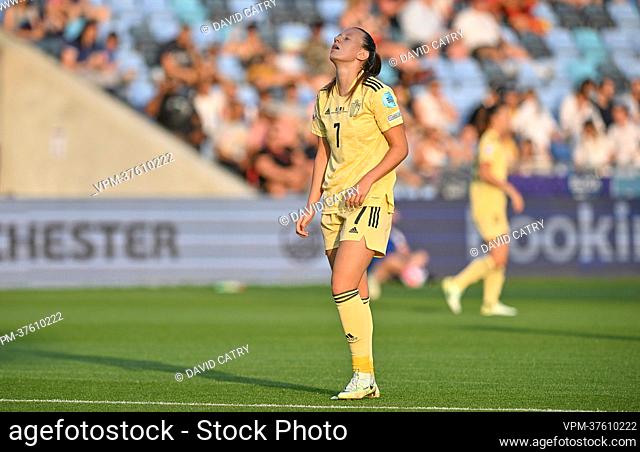 Belgium's Hannah Eurlings looks dejected during a game between Belgium's national women's soccer team the Red Flames and Italy, in Manchester