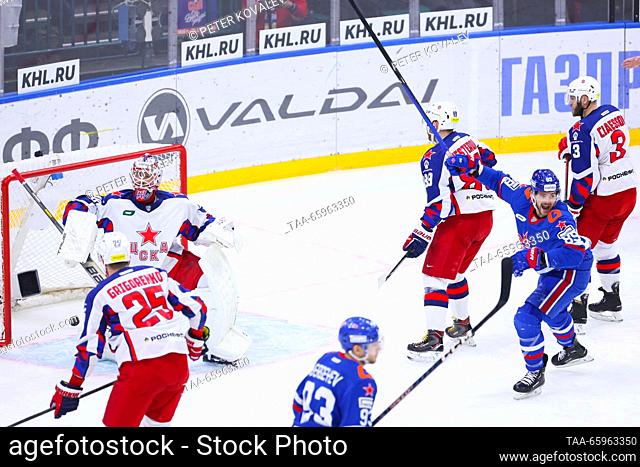 RUSSIA, ST PETERSBURG - DECEMBER 21, 2023: CSKA concedes a goal in a 2023/24 KHL Regular Season ice hockey match between SKA St Petersburg and CSKA Moscow at...