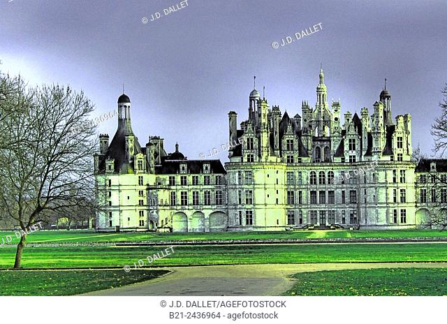 The royal Château de Chambord at Chambord, Loir-et-Cher, France, is one of the most recognizable châteaux in the world because of its very distinctive French...