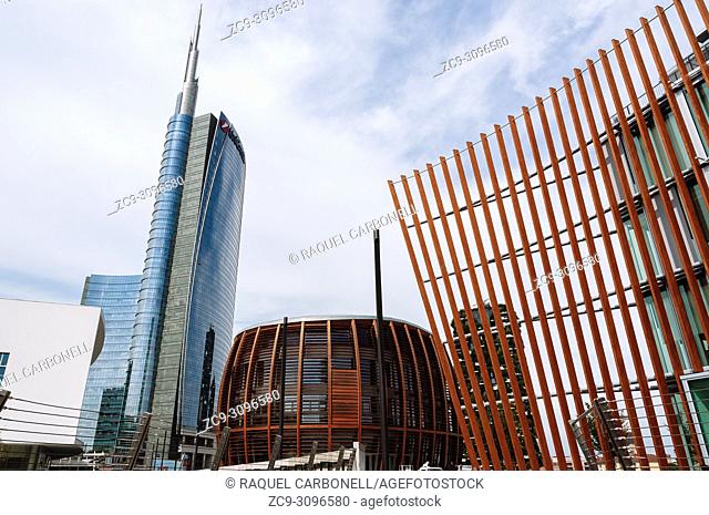Unicredit Tower and Unicredit Pavilion in the Garibaldi area, Milan, Lombardy, Italy