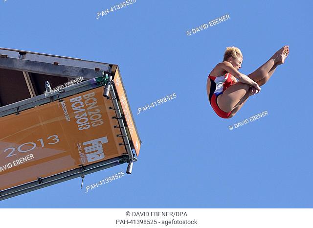 Gold medalist Cesilie Carlton of the USA in action during the women's high diving final of the 15th FINA Swimming World Championships at Moll de la Fusta on the...