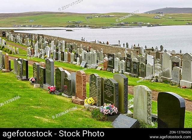 LERWICK, SHETLAND ISLANDS, SCOTLAND, UK - AUGUST 20, 2017: Graveyard on a hill facing North sea in Lerwick at Shetland Islands, Scotland, UK