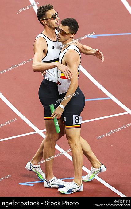 Belgian Dylan Borlee and Belgian Kevin Borlee pictured after the final of the 4x400m mixed relay race on the ninth day of the 'Tokyo 2020 Olympic Games' in...