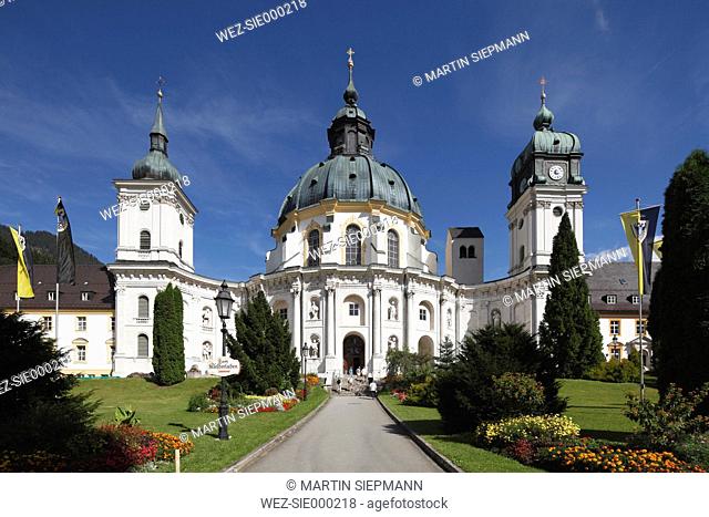 Germany, Bavaria, Upper Bavaria, Ettal, courtyard and monastery church