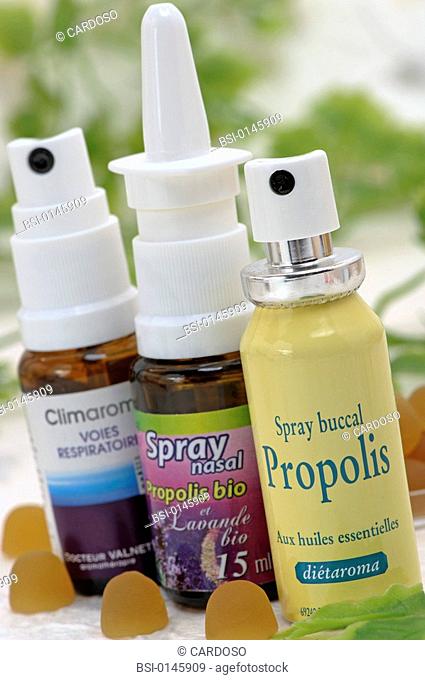 Propolis in tablets and in drops. Remedies made with propolis nasal and mouth spray, gums and essential oil sprays for the respiratory ways
