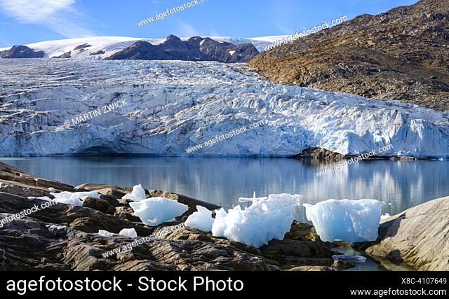 Hahn Glacier. Landscape in the Johan Petersen Fjord, a branch of the Sermilik (Sermiligaaq) Icefjord in the Ammassalik region of East Greenland