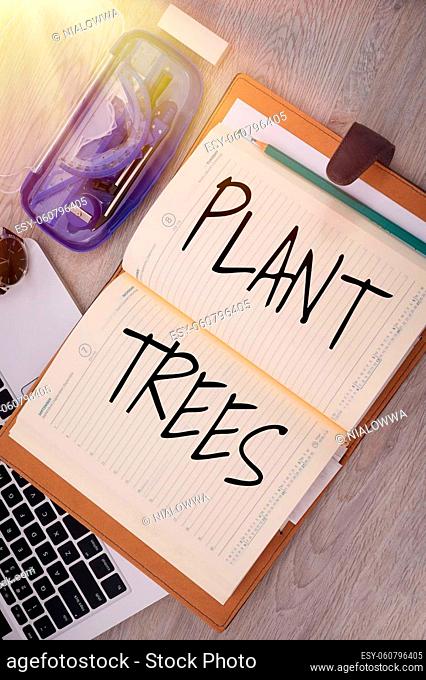 Hand writing sign Plant Trees, Business idea process of planting a tree for land cultivation and forestry Opened Empty Notepad Over A Laptop With Compass Pen...