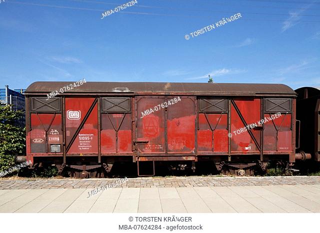 Old red freight car standing on a rail in the Harburg inland harbour, Harburg, Hamburg, Germany, Europe