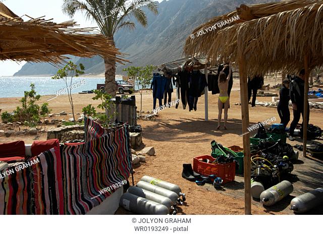Divers preparing for a dive in the South of Dahab South Sinai Egypt