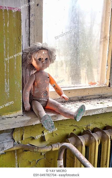 Dirty radioactive doll in kindergarten. Chernobyl, Ukraine