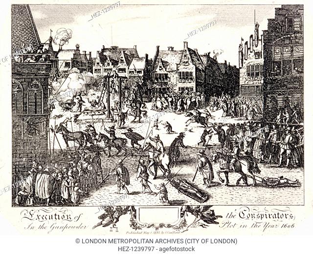 Execution of the conspirators in the Gunpowder Plot in Old Palace Yard, Westminster, 1606, (1795). In the foreground two conspirators are being dragged towards...
