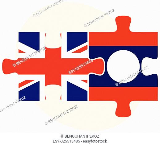 United Kingdom and Laos Flags in puzzle isolated on white background