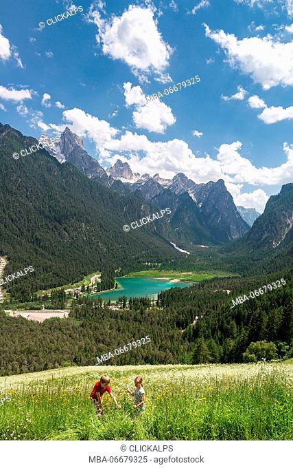 Dobbiaco/Toblach, Dolomites, South Tyrol, Italy. The Dobbiaco Lake with the Peaks of Croda dei Baranci and Croda Bagnata
