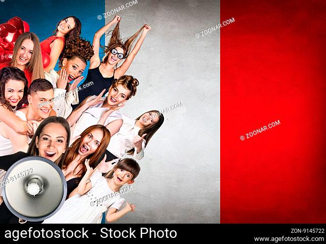 Happy group of diverse students standing on the chinese flag background