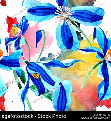 Blue durandii clematis. Floral botanical flower. Seamless background pattern. Fabric wallpaper print texture. Aquarelle wildflower for background, texture