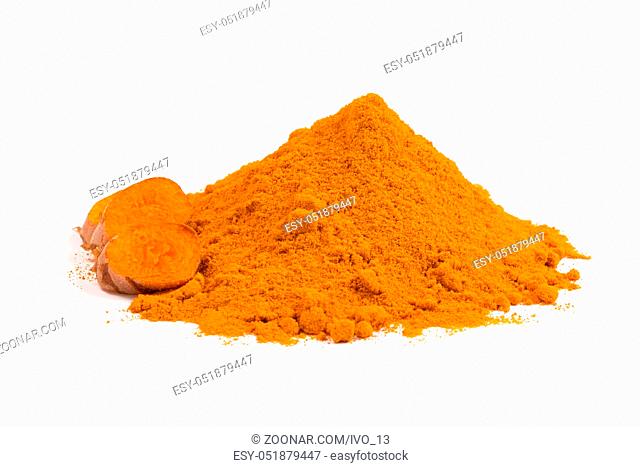 Turmeric root and powder isolated on white background