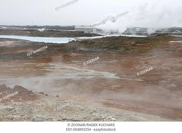 Gunnuhver geothermal field and Reykjanes Power Station - the geothermal power station. Reykjanes Peninsula