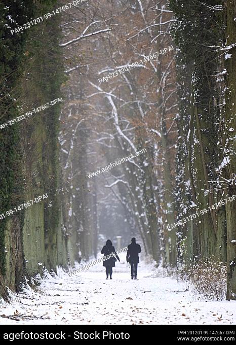 01 December 2023, Brandenburg, Potsdam: A couple walks through the snow-covered Sanssouci Park in wintry weather. At the beginning of December