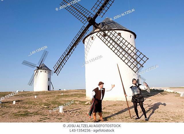 Don quijote and sancho panza in the Windmills of campo de criptana, ciuidad real province, castile la mancha, spain