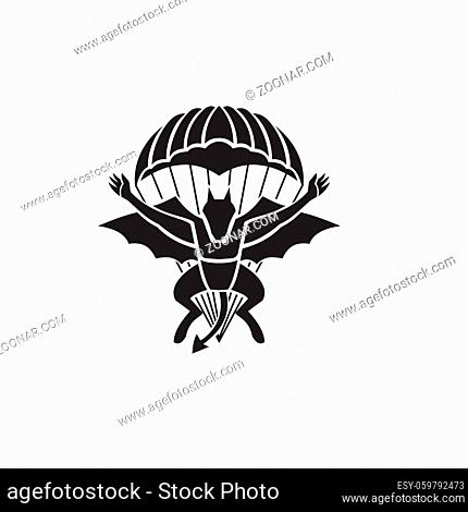 Military badge illustration of Red Devils Parachute Regiment Free Fall Team showing a demon, devil or bat with parachute jumping front view on isolated white...