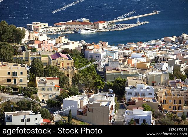 View to the houses and to the port at Vrodado district, Ermouolis, Syros Island, Cyclades Islands, Greek Islands, Greece, Europe